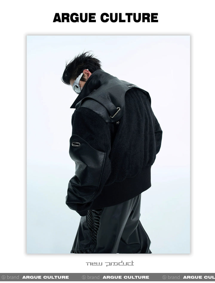 Dual-Fabric Deconstructed PU Leather & Plush Short Bomber Jacket - ArgueCulture