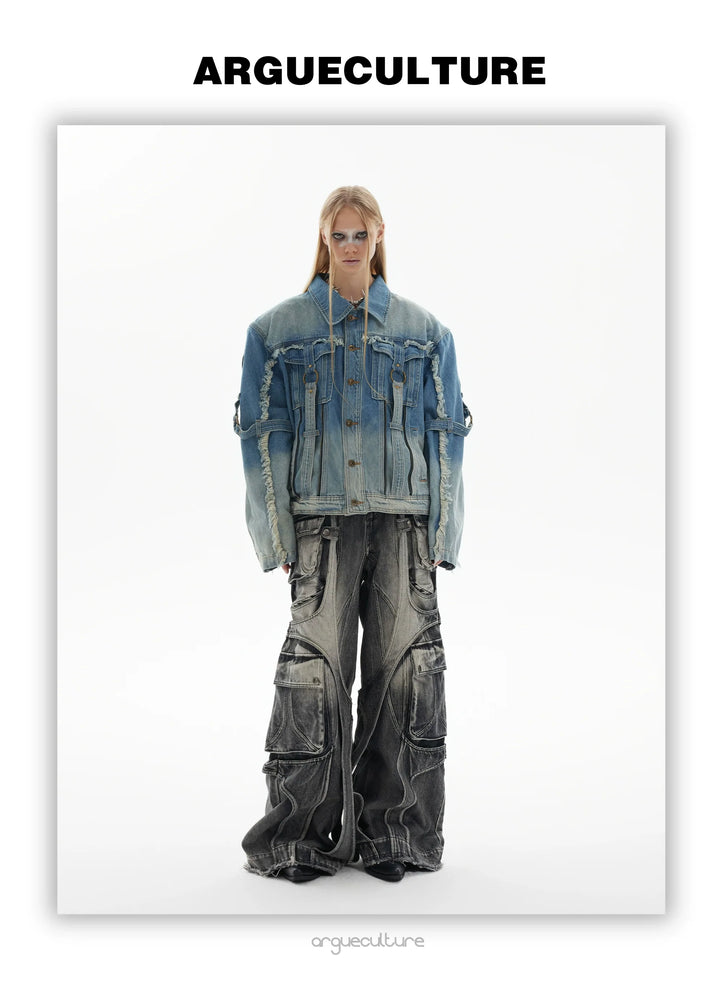 Vintage Distressed Denim Jacket with Fringe and Gradient Wash - ArgueCulture