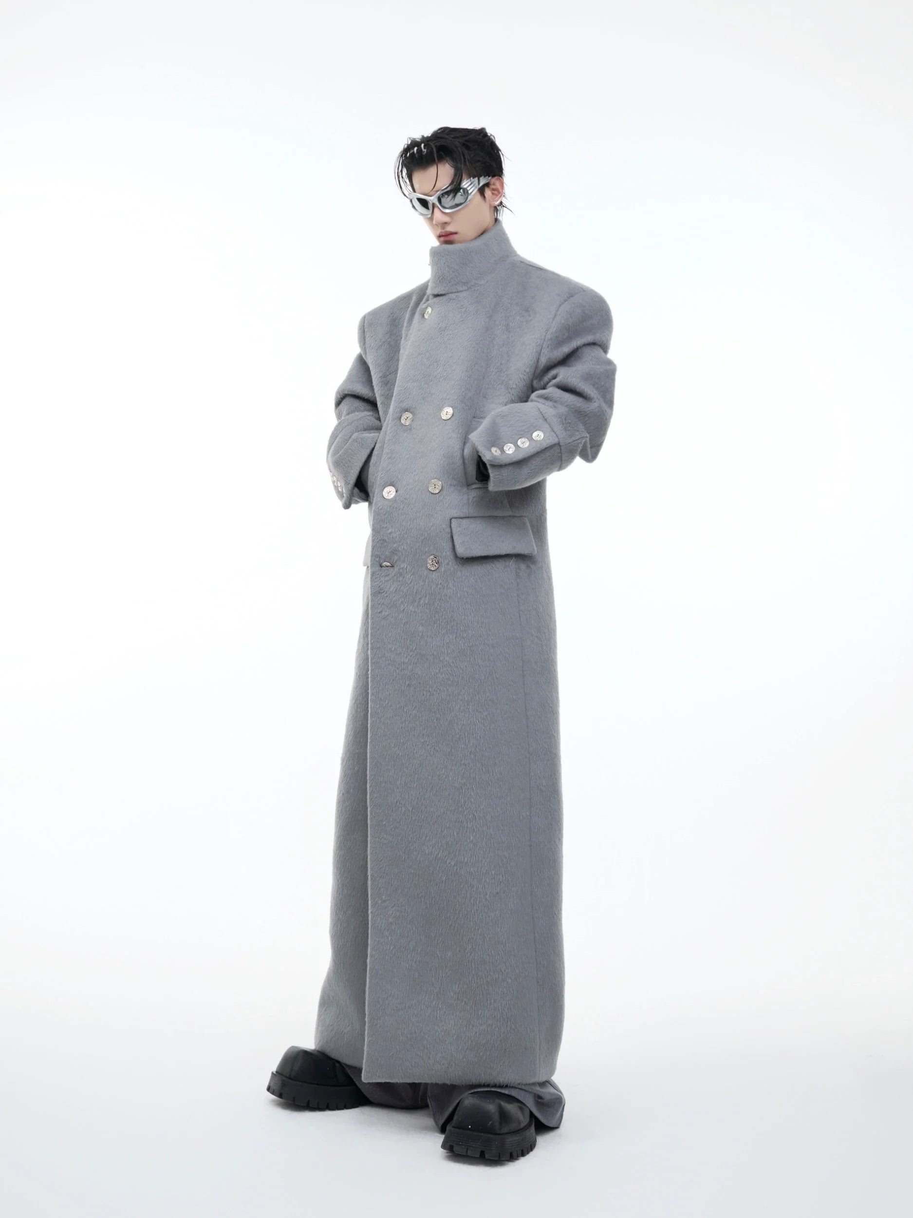 Wool Stand Collar Over Coat with Metal Buckle Accents and Four Pockets - ArgueCulture