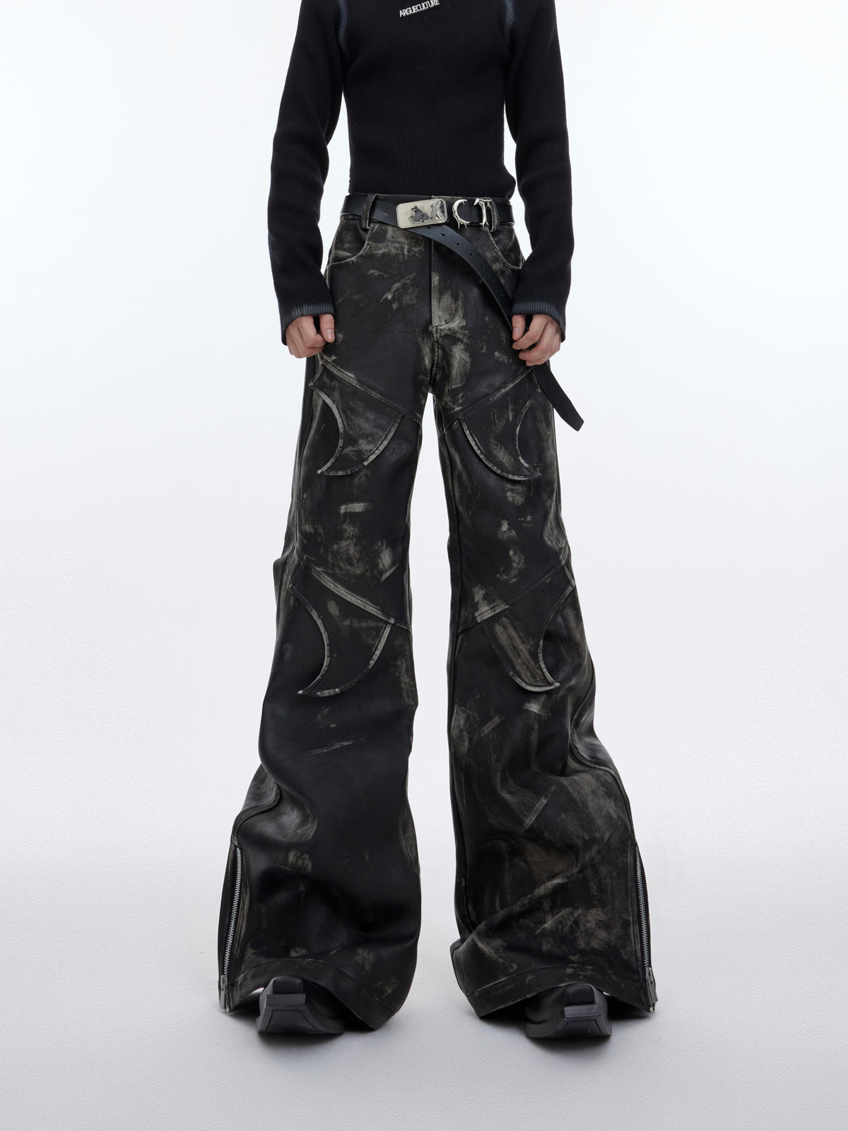 Distressed PU Flare Pants - product image 1