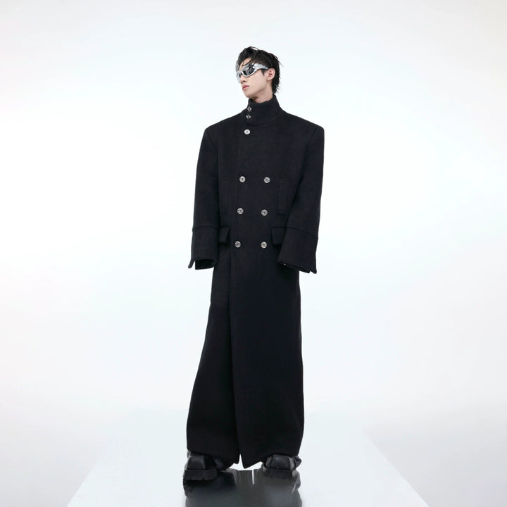 Wool Stand Collar Over Coat with Metal Buckle Accents and Four Pockets - ArgueCulture