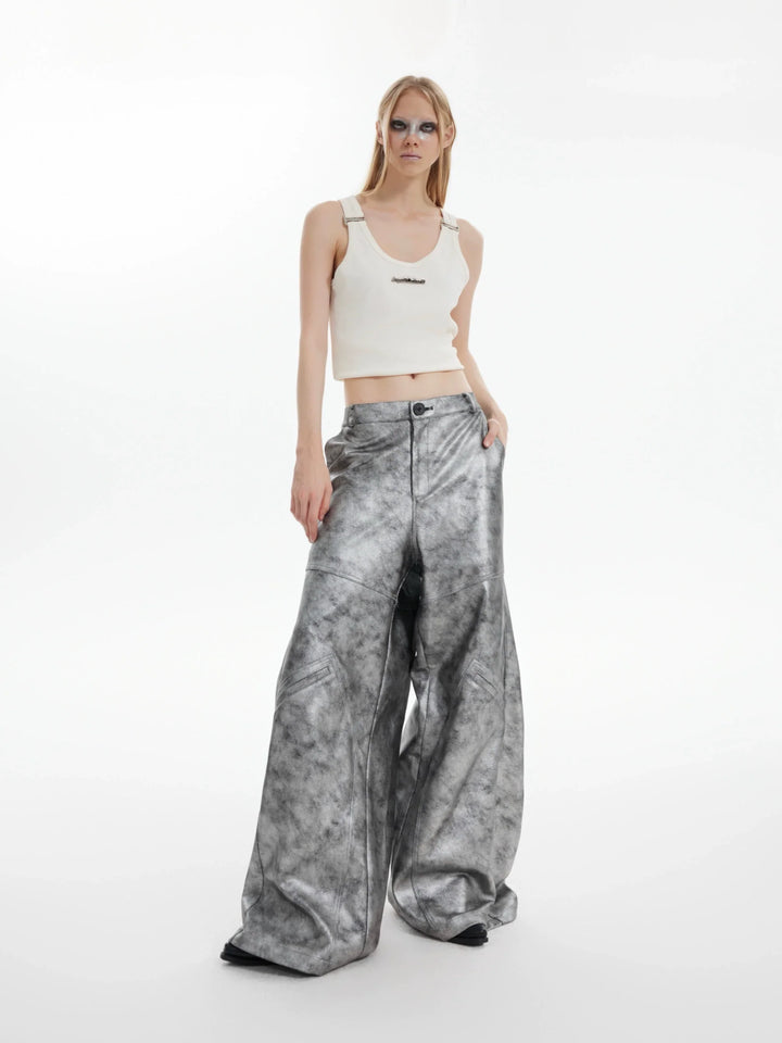 Avant-Garde Silver Wide-Leg Pants with Segmented Lines and Distressed Texture - ArgueCulture