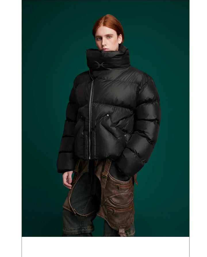 High-Neck Puffer Jacket with Asymmetrical Zipper and Oversized Fit - ArgueCulture