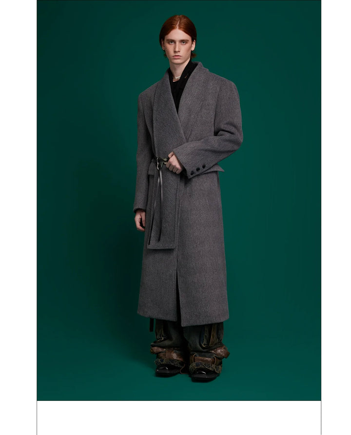 Metal Strap Wool Long Coat with Oversized Scarf Lapel - ArgueCulture