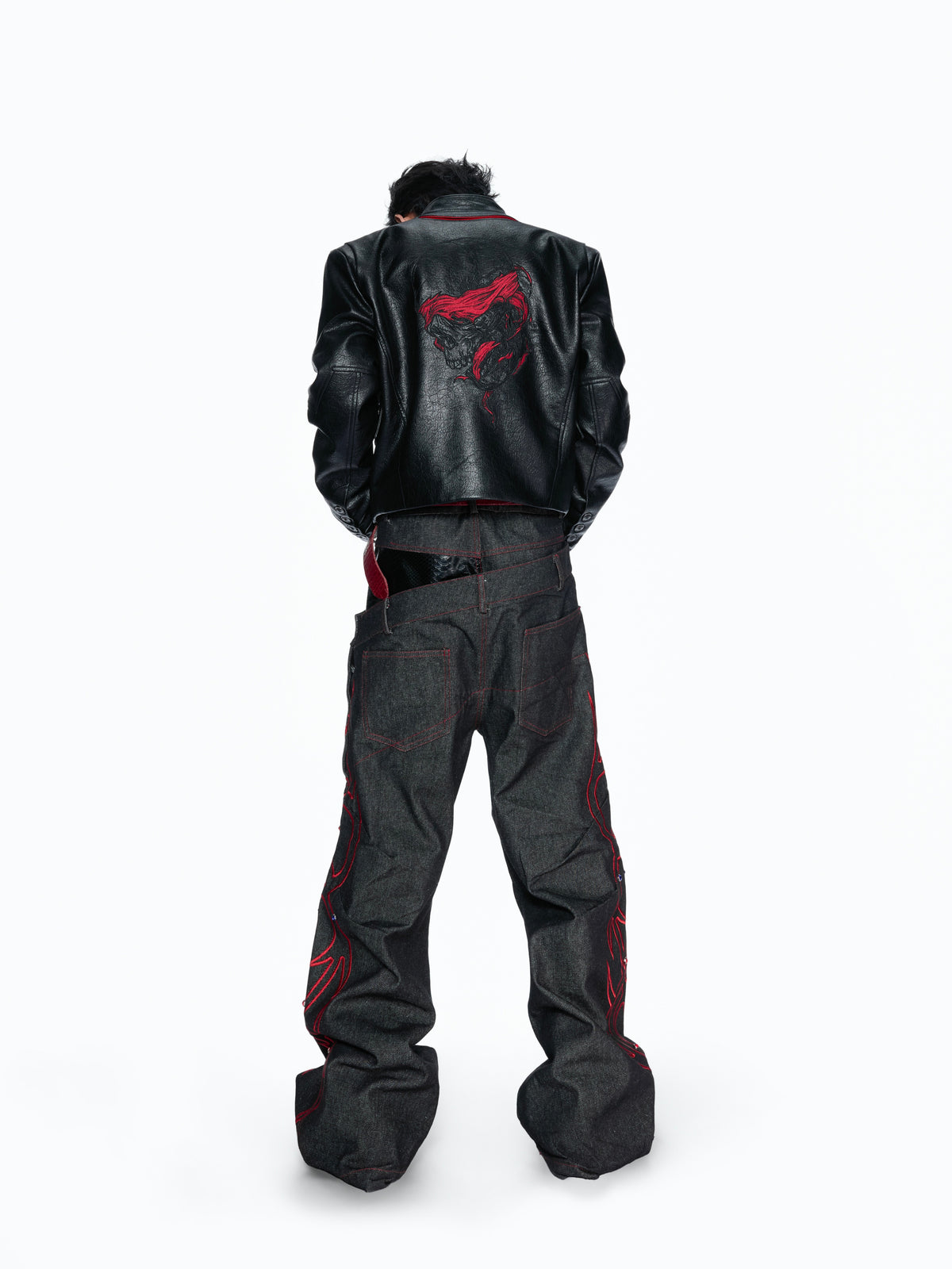 Black Red Dual-Waist Raw Denim Jeans - product image 2