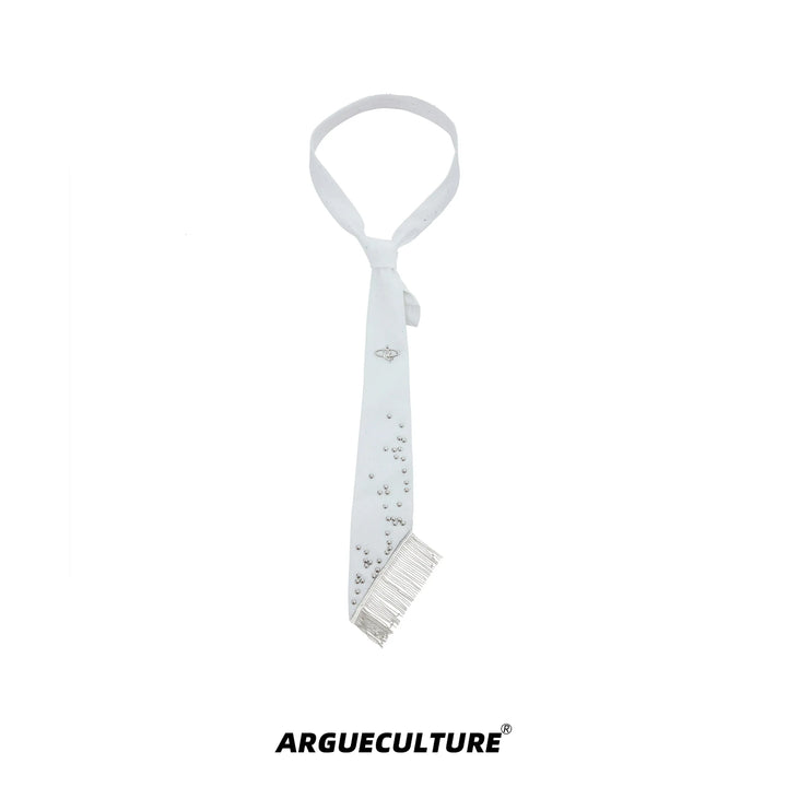 Metal Studded Tie with Tassel Chain and Sparkling Elements - ArgueCulture