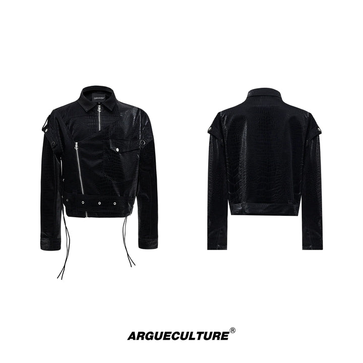 Glossy Crocodile Print PU Leather Jacket with Deconstructed Design - ArgueCulture