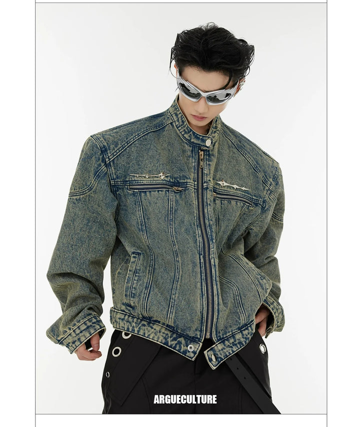 Washed Denim Jacket with Metal Spike Details & Shoulder Pads - ArgueCulture