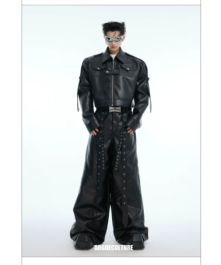 Deconstructed Punk Rivet PU Leather Wide-Leg Pants - ArgueCulture