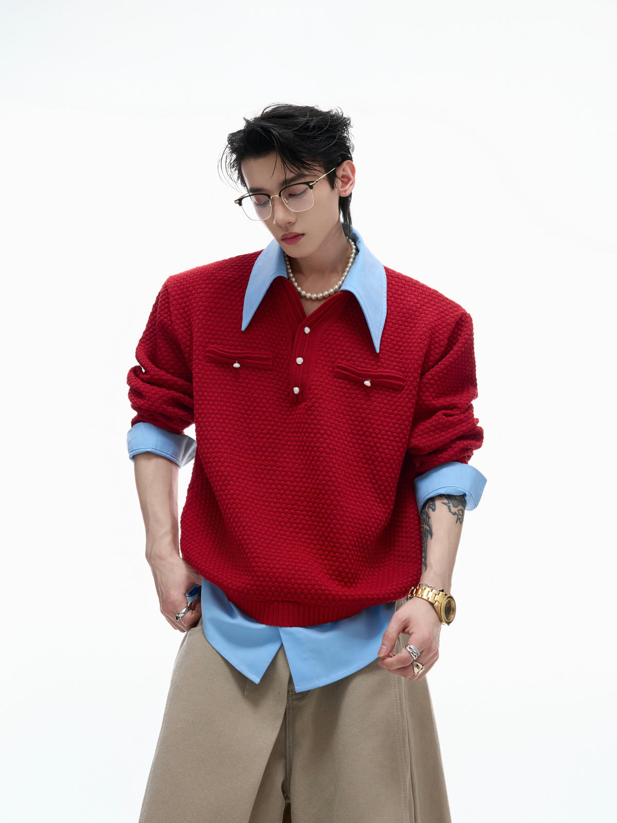 Color-Blocked Faux-Layer Knit Sweater - product image 1