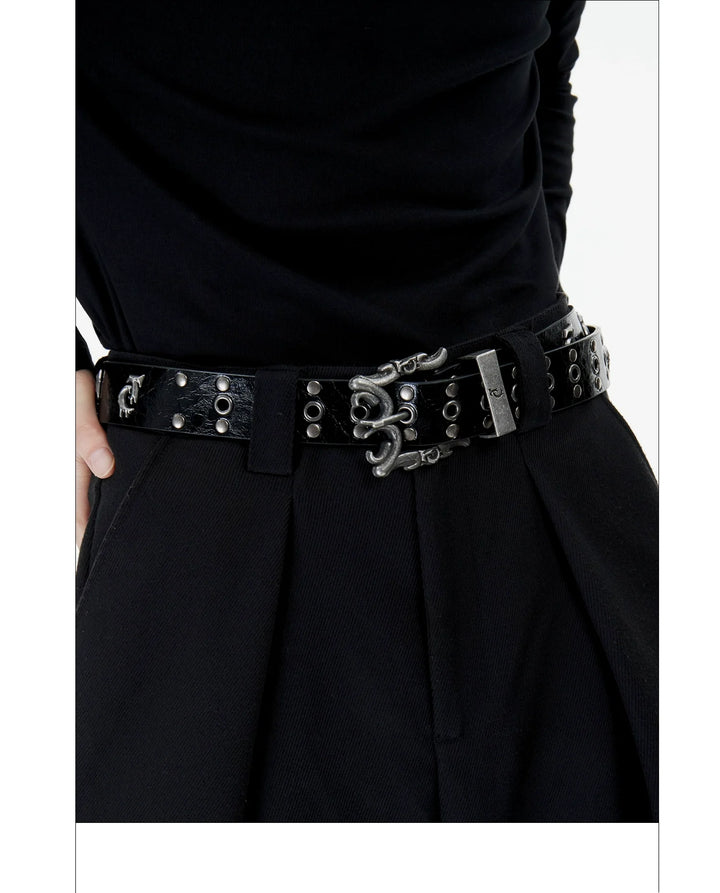 Retro Punk Genuine Leather Belt with Rivet and Metallic Logo - ArgueCulture