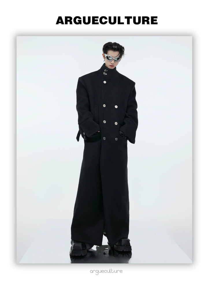 Wool Stand Collar Over Coat with Metal Buckle Accents and Four Pockets - ArgueCulture