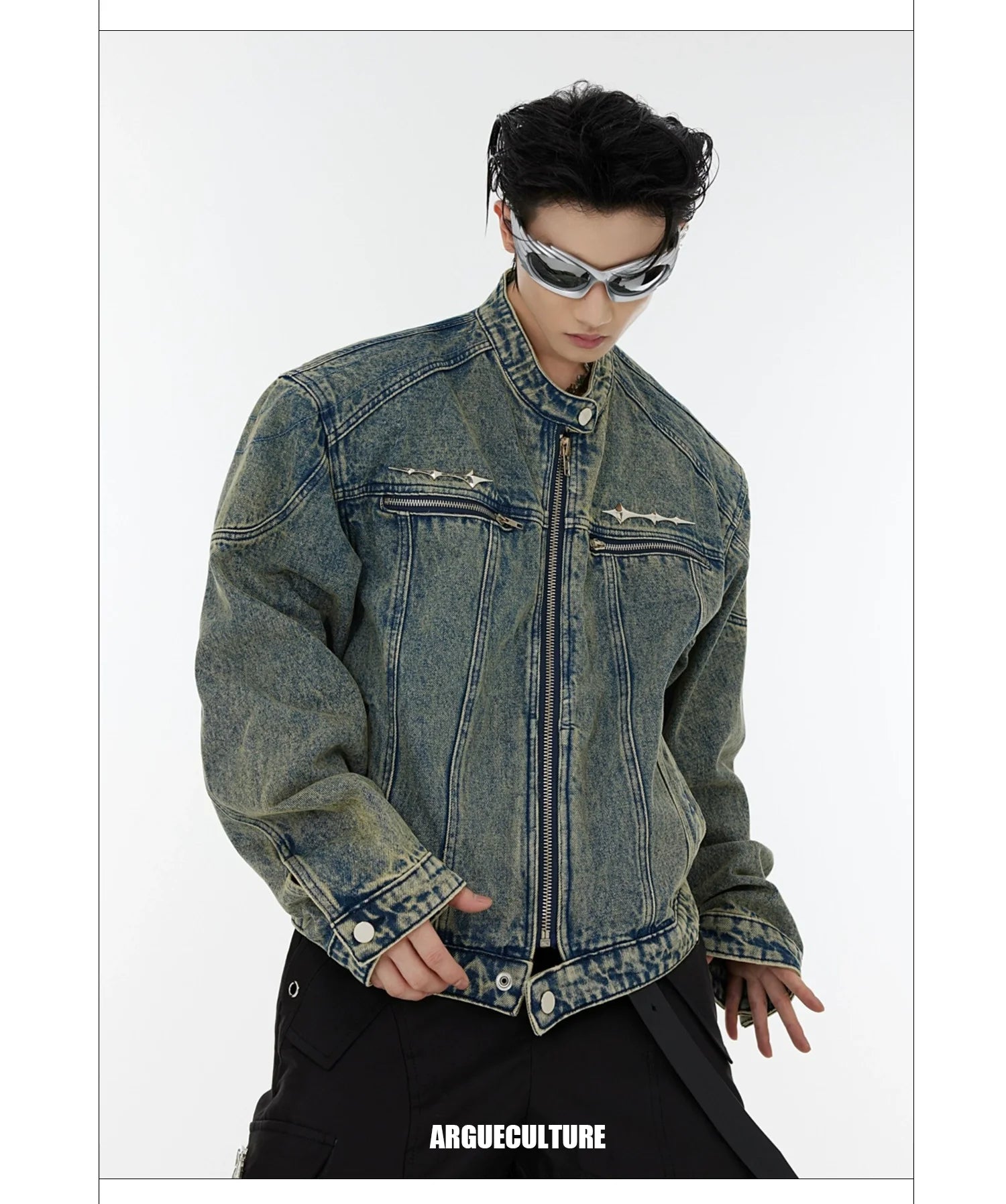 Washed Denim Jacket with Metal Spike Details & Shoulder Pads - ArgueCulture