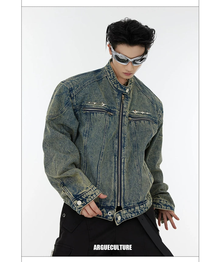 Washed Denim Jacket with Metal Spike Details & Shoulder Pads - ArgueCulture