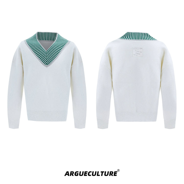 V-Neck Knit Sweater with Contrast Stitching and Leather Logo - ArgueCulture