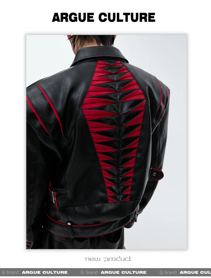 Folding Spine Pleat Short Leather Biker Jacket - ArgueCulture