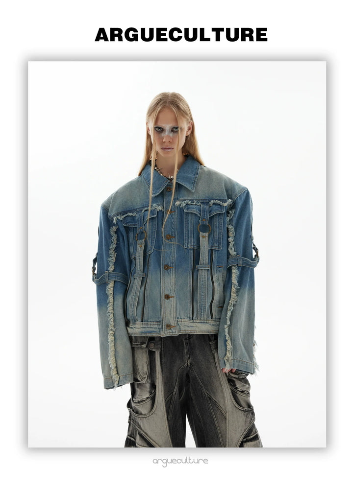 Vintage Distressed Denim Jacket with Fringe and Gradient Wash - ArgueCulture