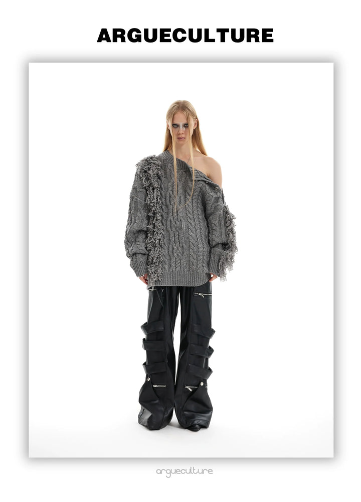 Asymmetrical Ribbed Knit Sweater with Bold Fringe Accents - ArgueCulture