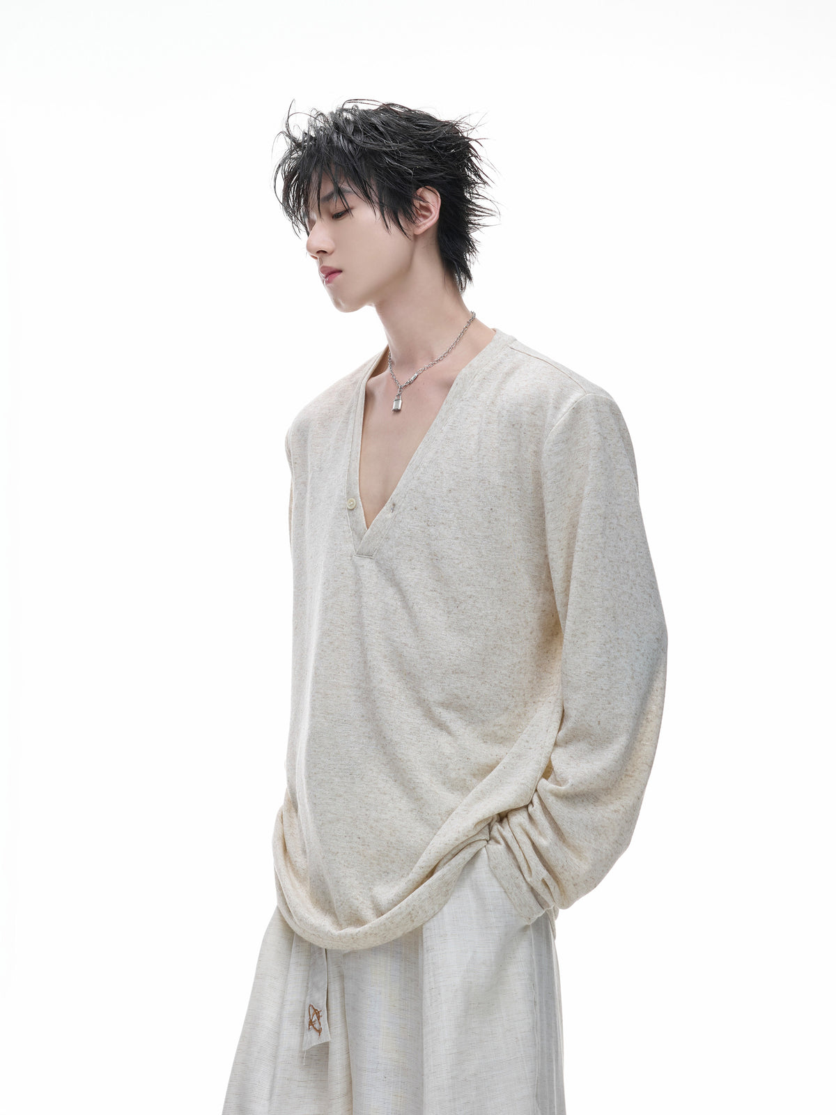 Deep V-Neck Linen-Blend Long-Sleeve Tee - product image 2