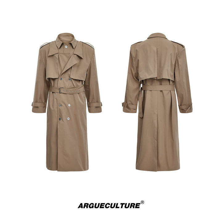 Retro Deconstructed Long Trench Coat with Double-Breasted Design - ArgueCulture