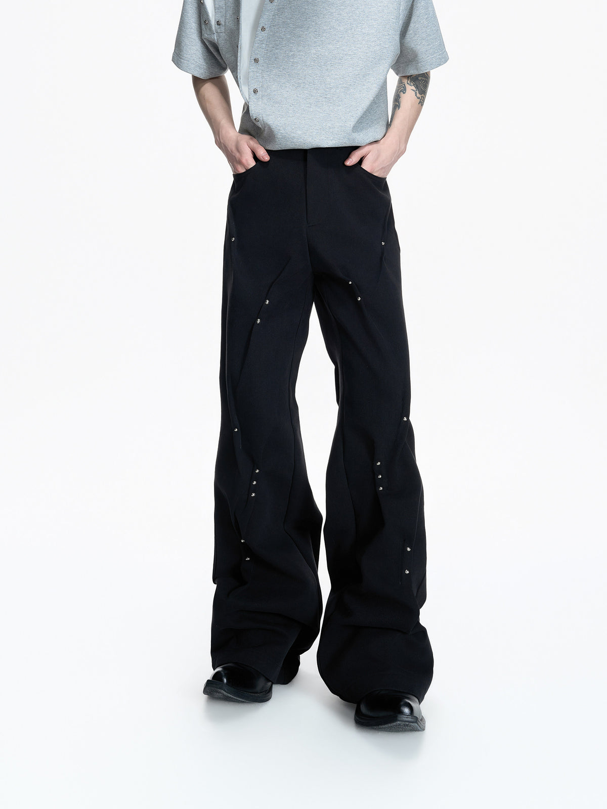 Pleated Rivet Straight-Leg Cotton Pants - product image 2