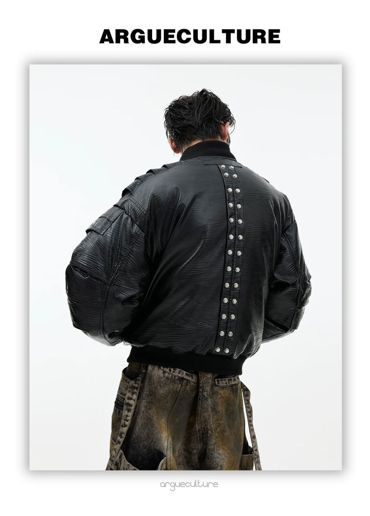 Layered Faux Leather Bomber Jacket with Metallic Accents - ArgueCulture