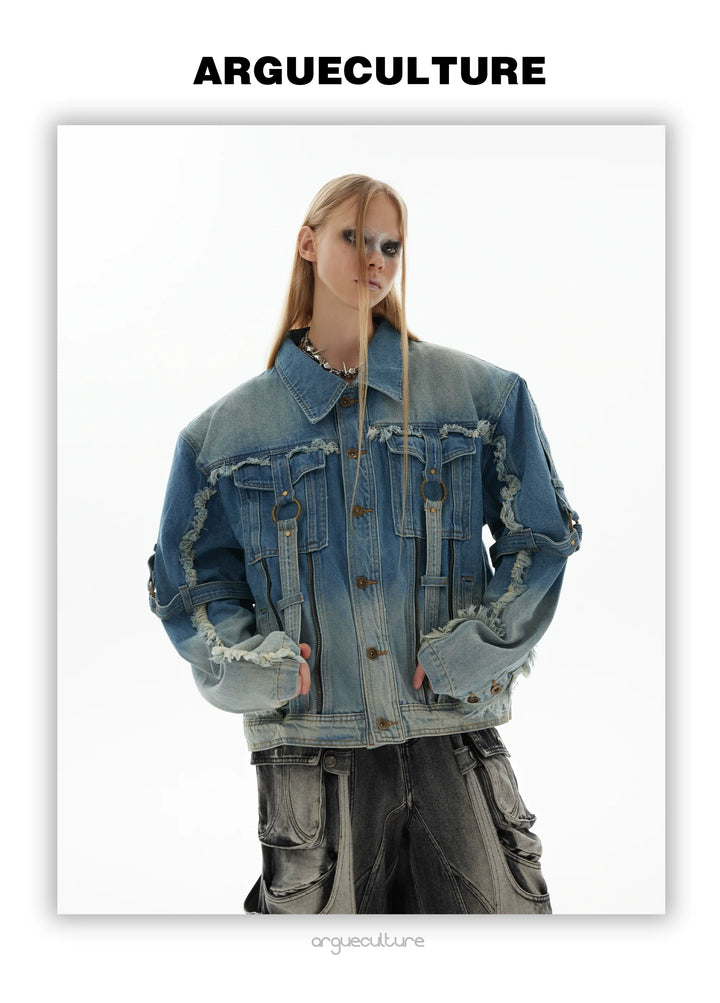 Vintage Distressed Denim Jacket with Fringe and Gradient Wash - ArgueCulture