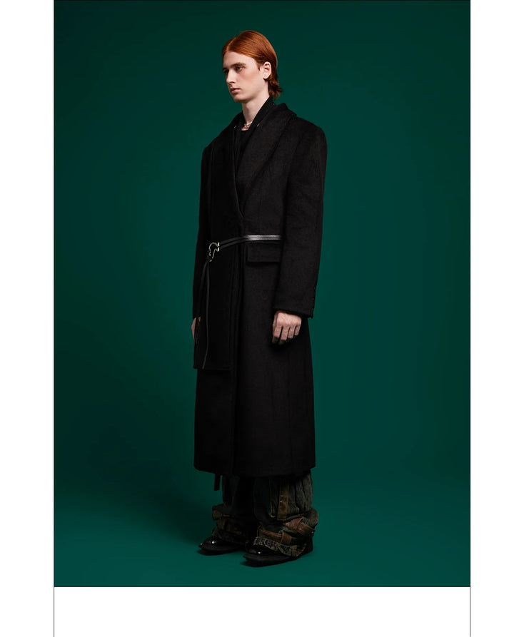 Metal Strap Wool Long Coat with Oversized Scarf Lapel - ArgueCulture