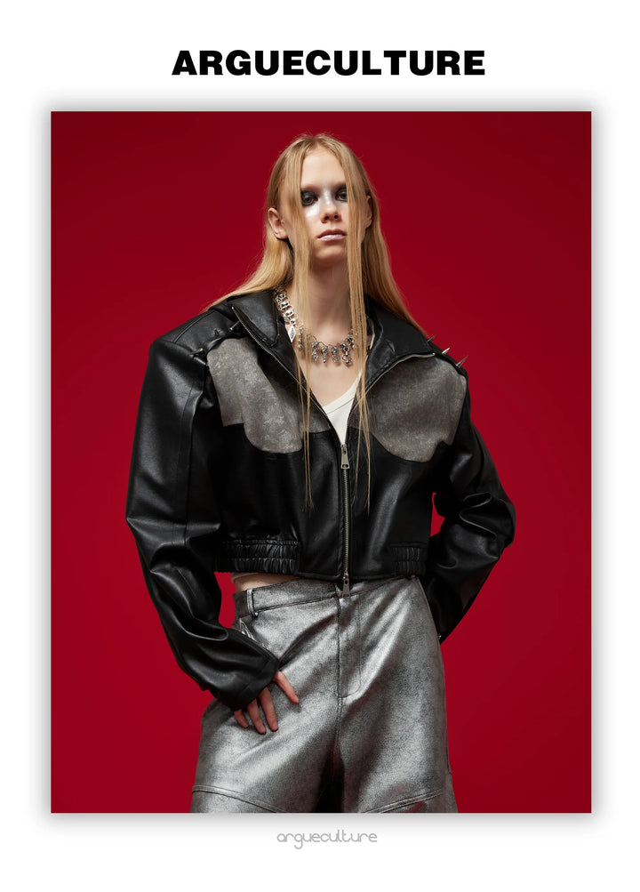 Punk PU Leather Jacket with Asymmetrical Splicing and Metal Studs - ArgueCulture