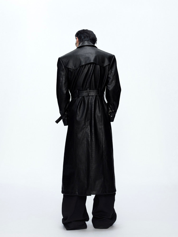 Crocodile-Texture Wide-Shoulder Trench Coat - product image 4