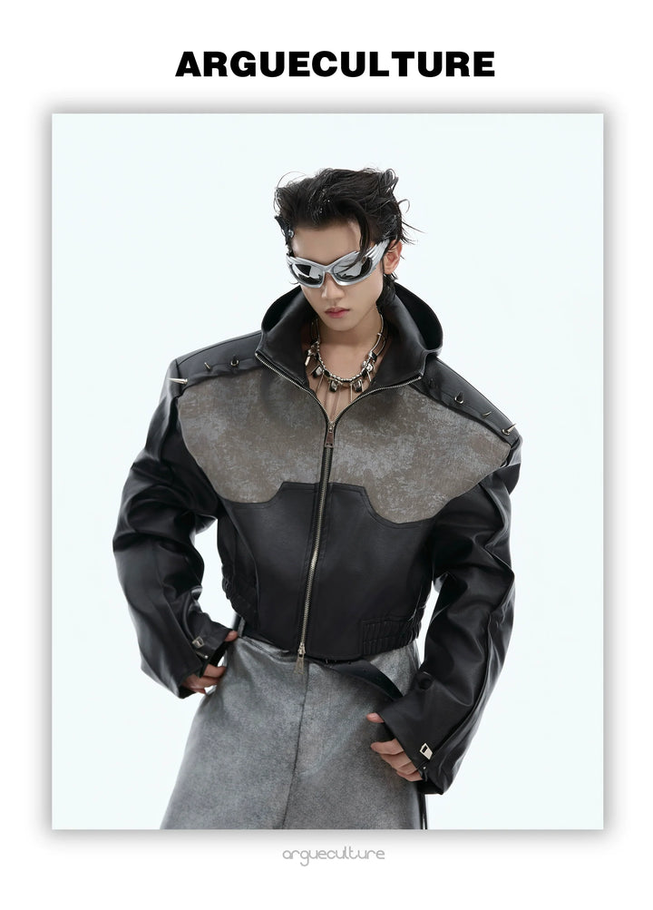 Punk PU Leather Jacket with Asymmetrical Splicing and Metal Studs - ArgueCulture