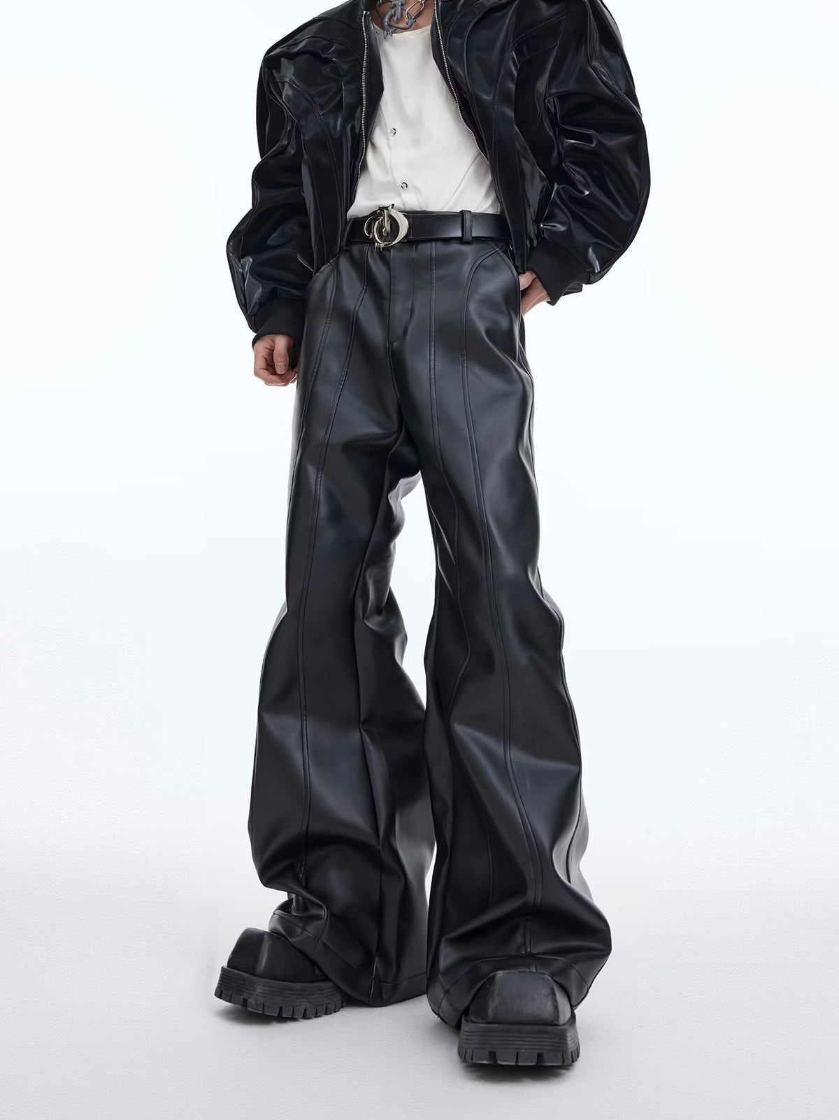 High-Waisted Deconstructed PU Flare Pants - product image 5