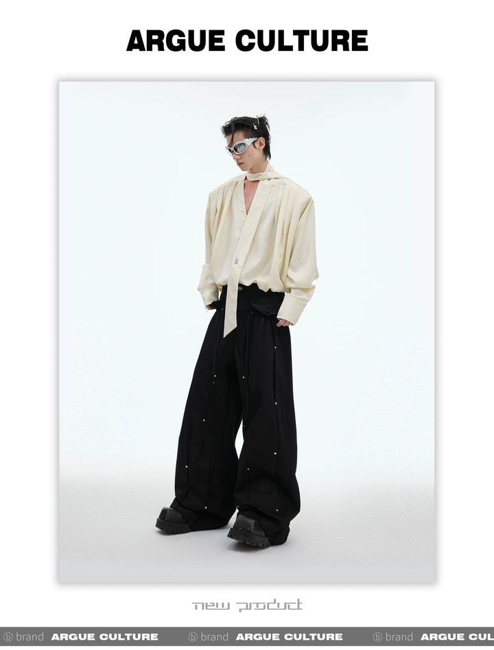 Trendy Deconstructed Pleated Cargo Pants with Silver Accents - ArgueCulture