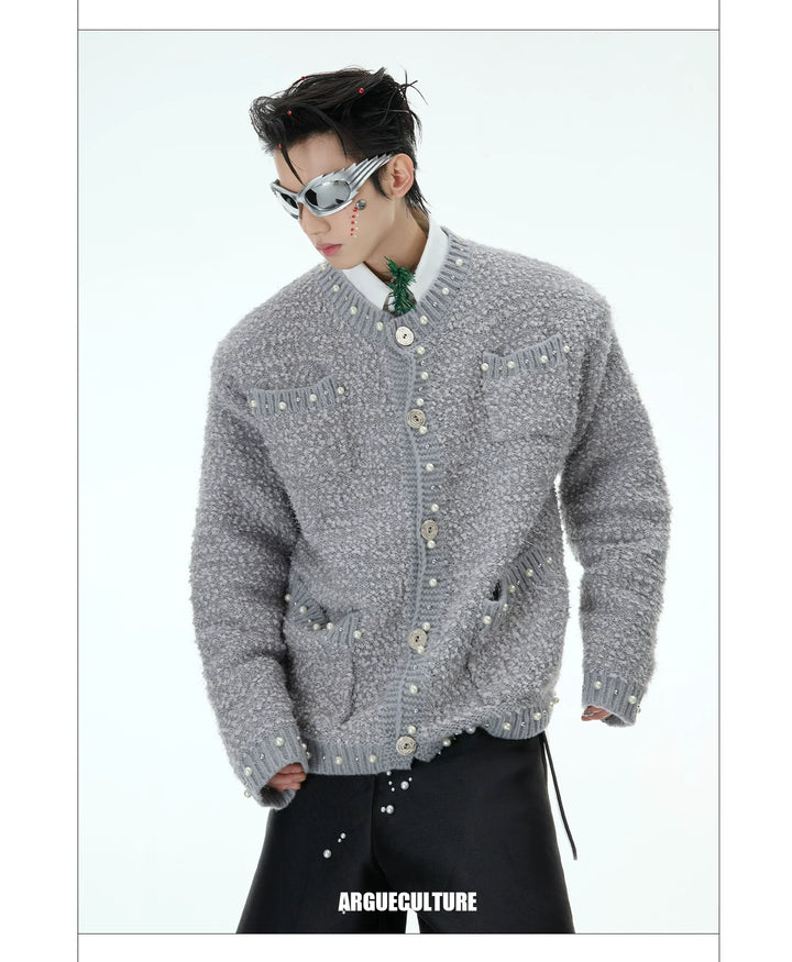 Luxe Pearl-Embellished Knit Cardigan for Unisex - ArgueCulture