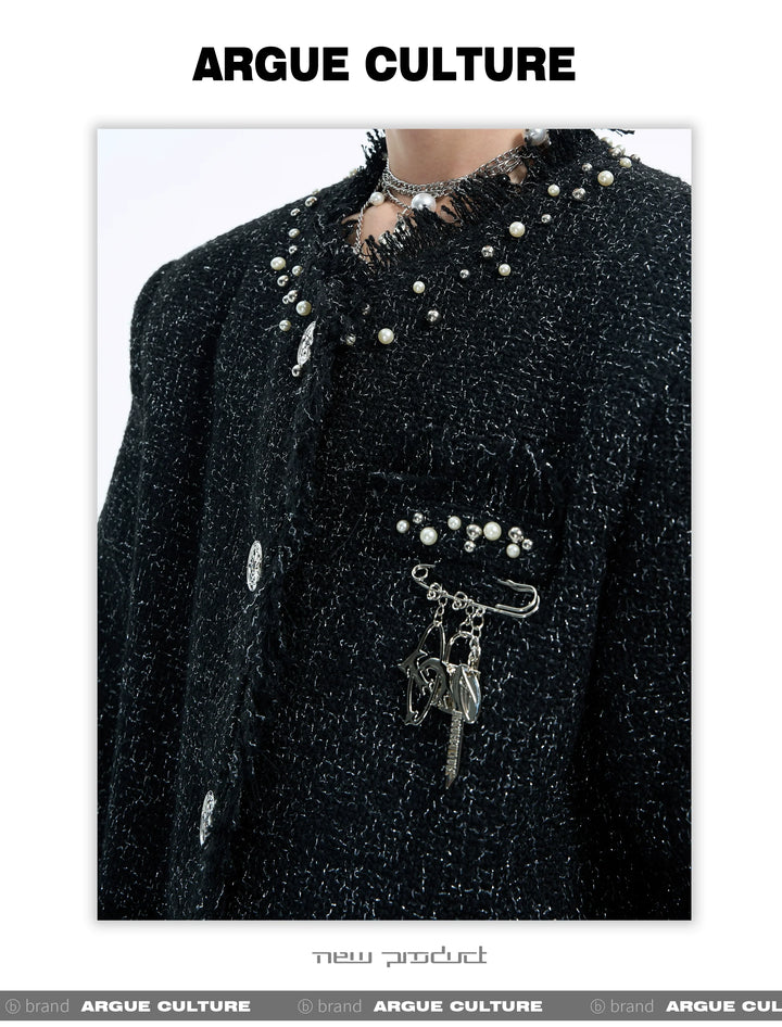 Pearl-Embellished Tweed Short Jacket with Metal Accents and Fringe - ArgueCulture