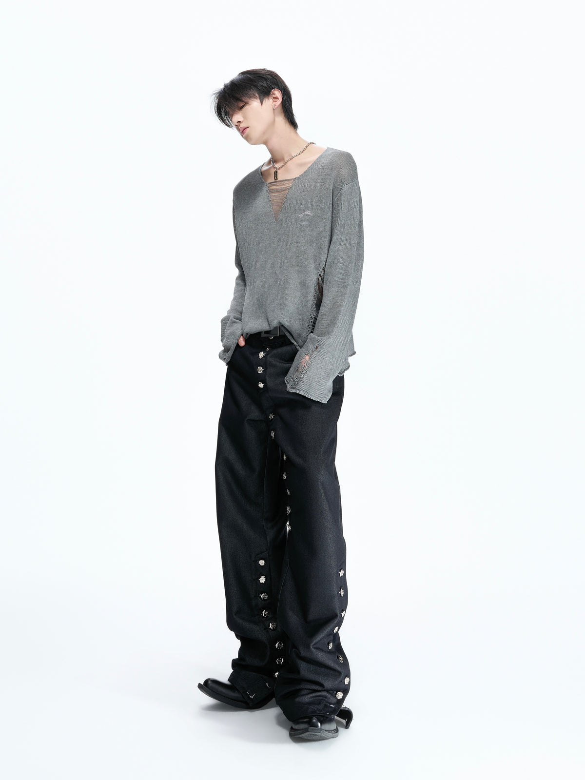 Frayed Open-Knit V-Neck Sweater - product image 4