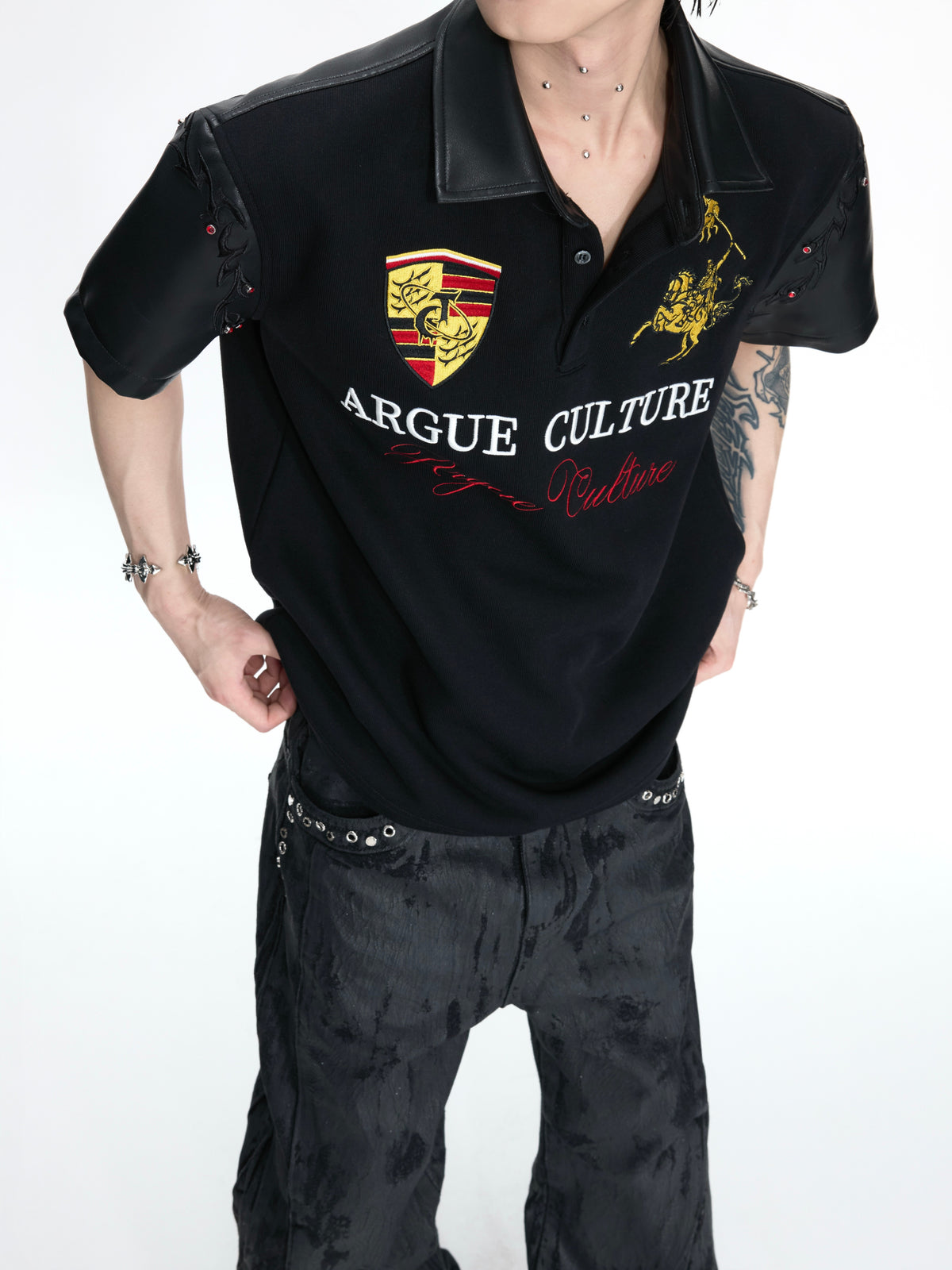 Embroidered Faux-Leather Panel Polo - product image 3