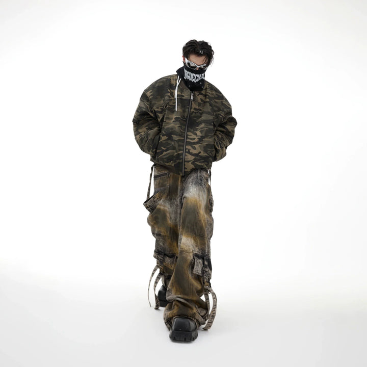 Camo Baseball Jacket with Graffiti and Oversized Pockets - ArgueCulture