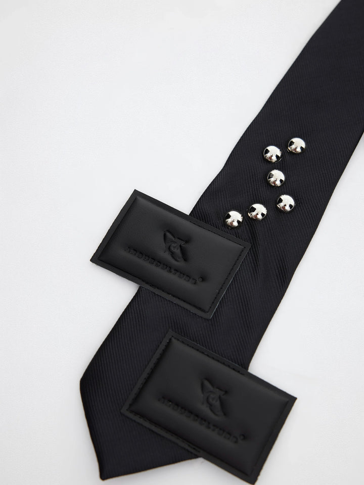 Metal Logo Black Adjustable Tie with PU Patch - ArgueCulture