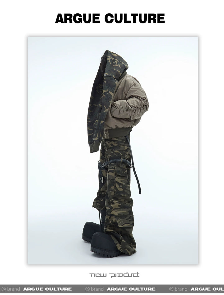 Camouflage Hooded Bomber Jacket with Quilted Sleeves - Winter Warmth - ArgueCulture