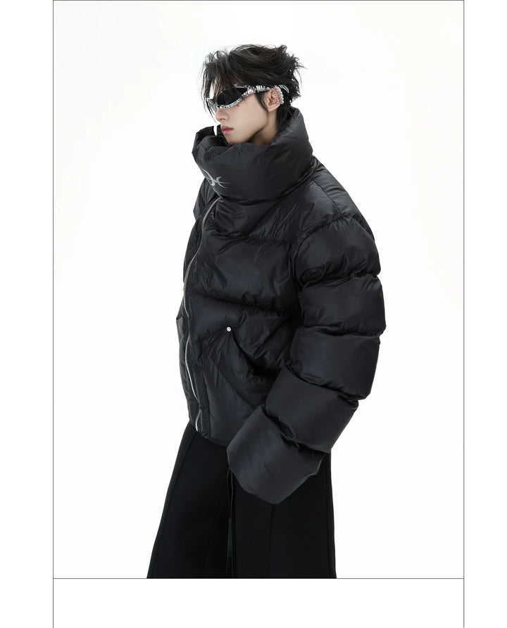 High-Neck Puffer Jacket with Asymmetrical Zipper and Oversized Fit - ArgueCulture