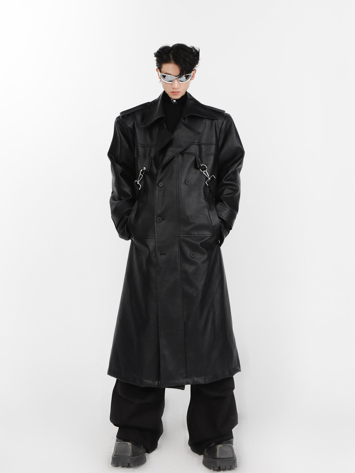 Layered PU Long Trench Coat - product image 5