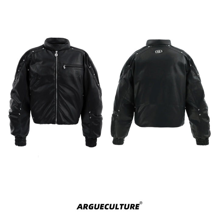 Studded PU Leather Bomber Jacket with Spike Shoulders - Street Style - ArgueCulture