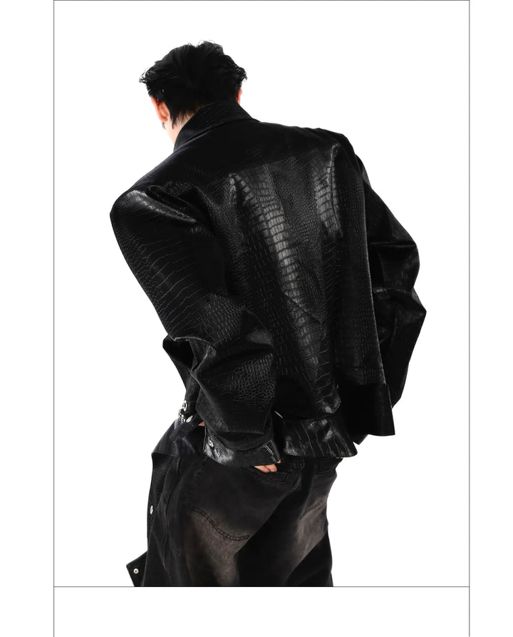 Crocodile PU Leather Jacket with Shoulder Pads and Split Hem Design - ArgueCulture