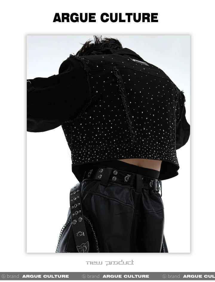 Sparkling Rhinestone Shoulder Pad Short Denim Jacket - ArgueCulture