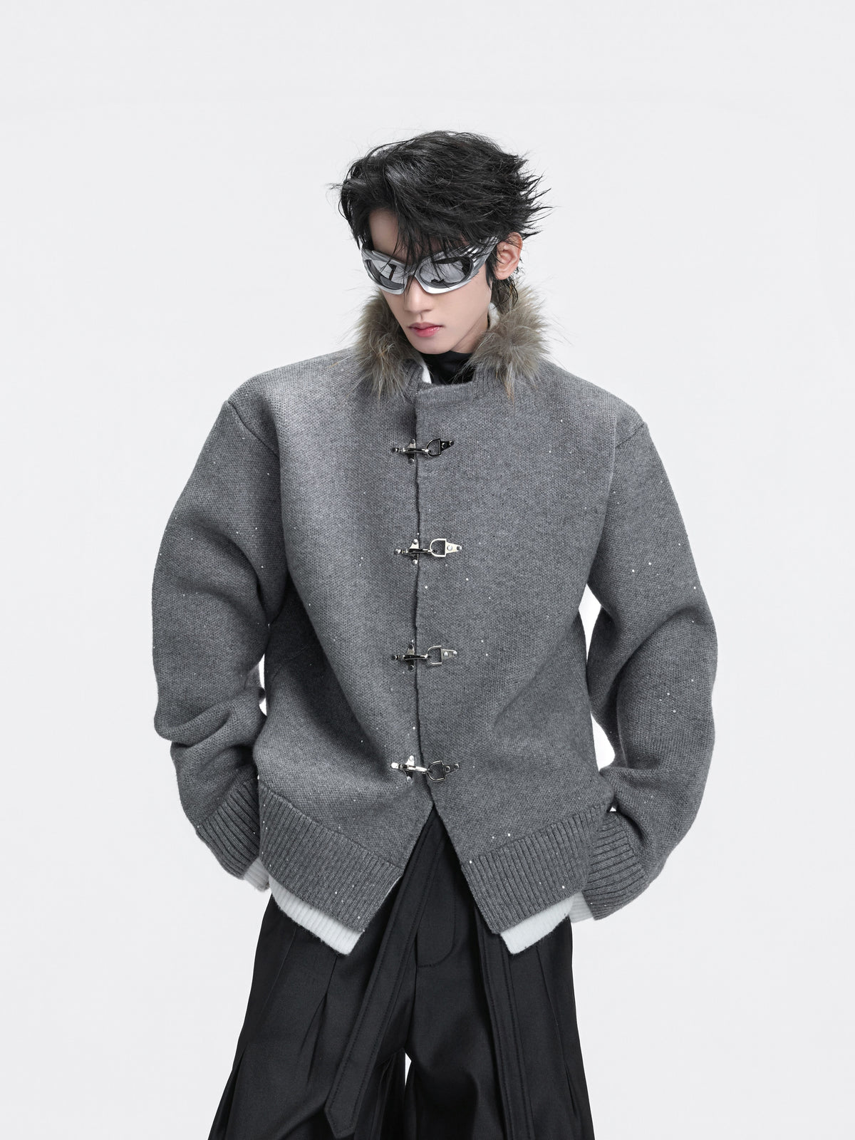 Shimmer Knit Cardigan with Fur Collar - product image 2