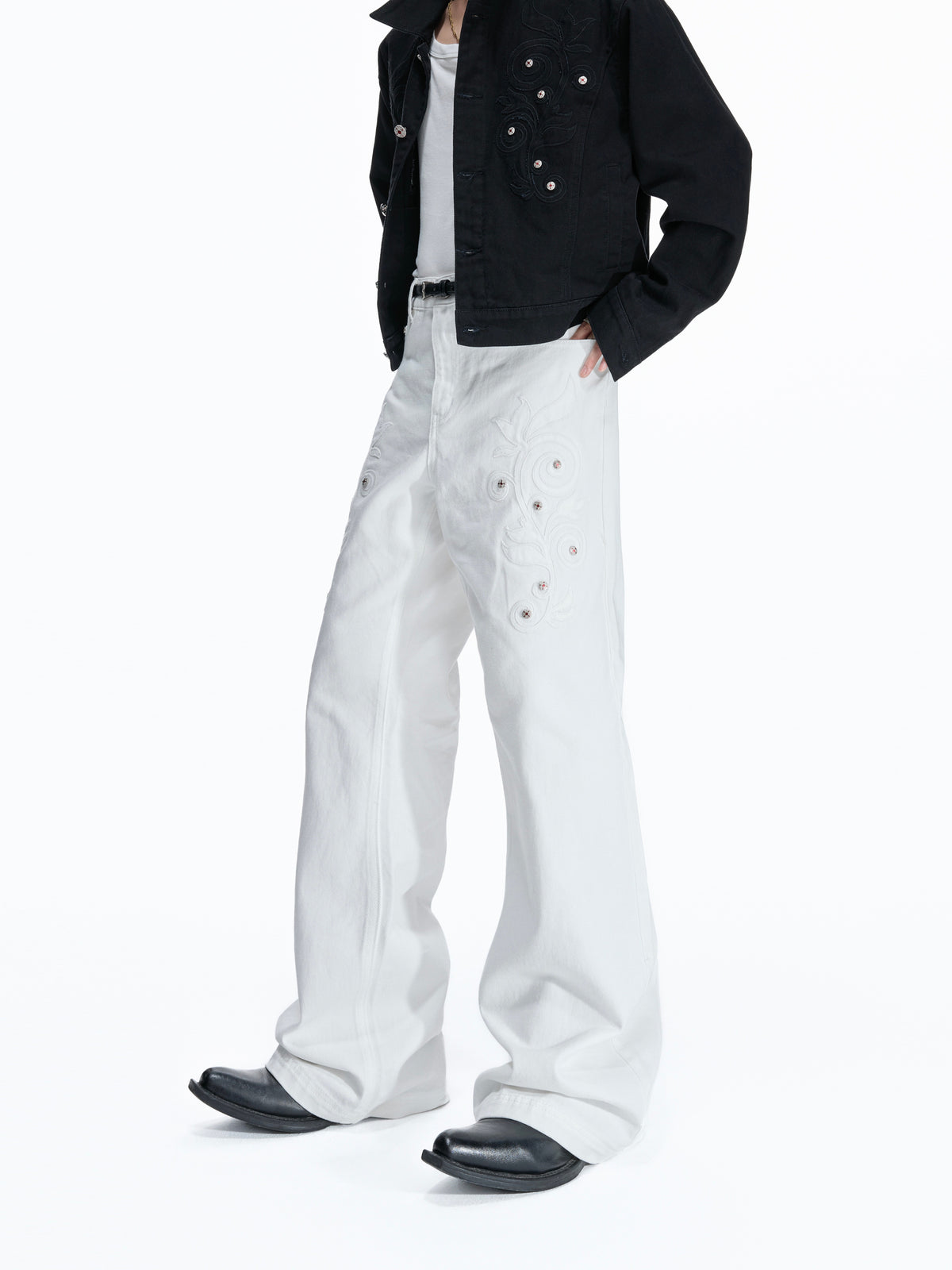 Floral Embroidered Rivet Raw Denim Jeans - product image 3