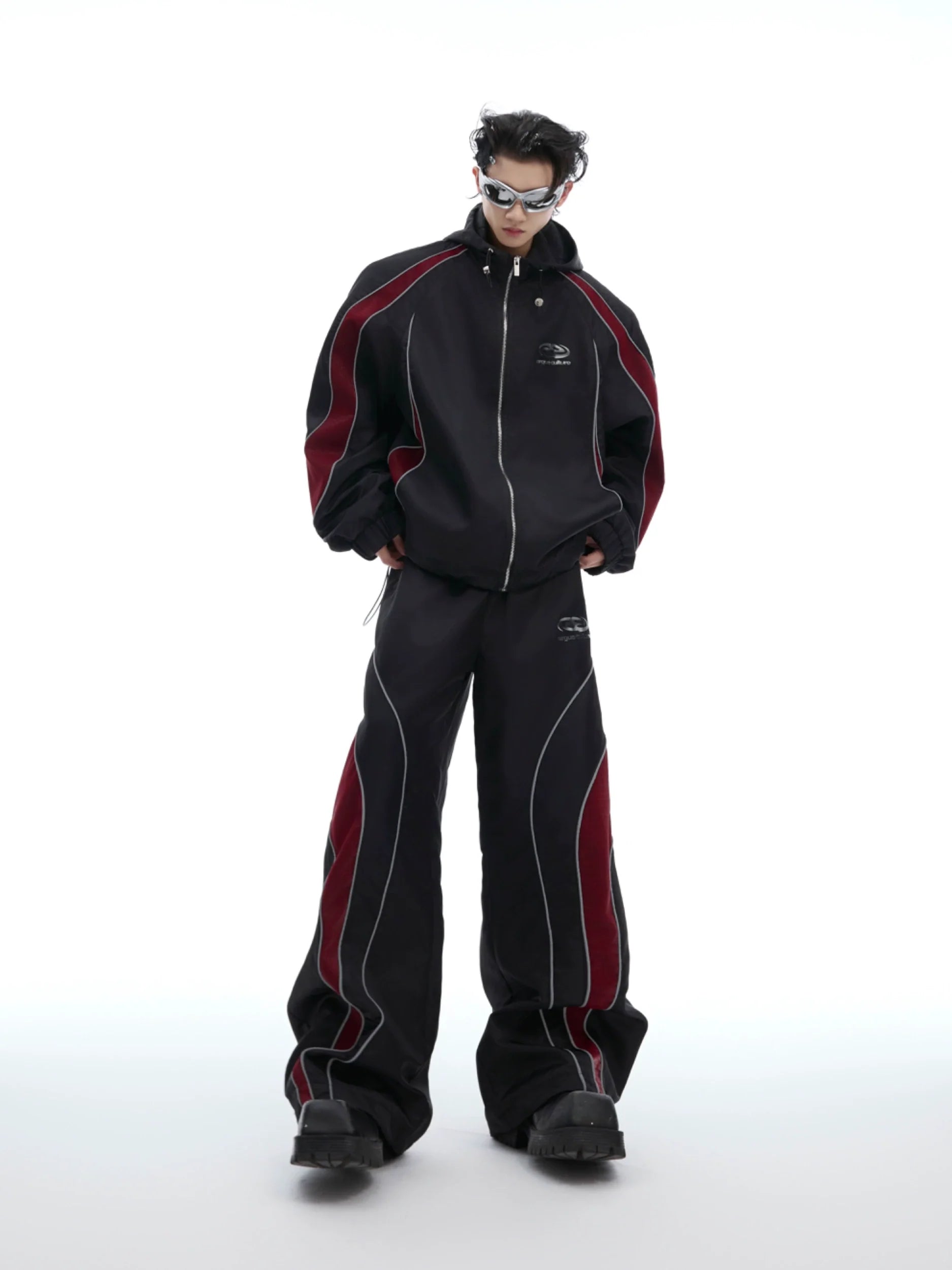 Reflective Tracksuit with Faux Leather Panels ¡§C Futuristic Contrast Hoodie Set - ArgueCulture
