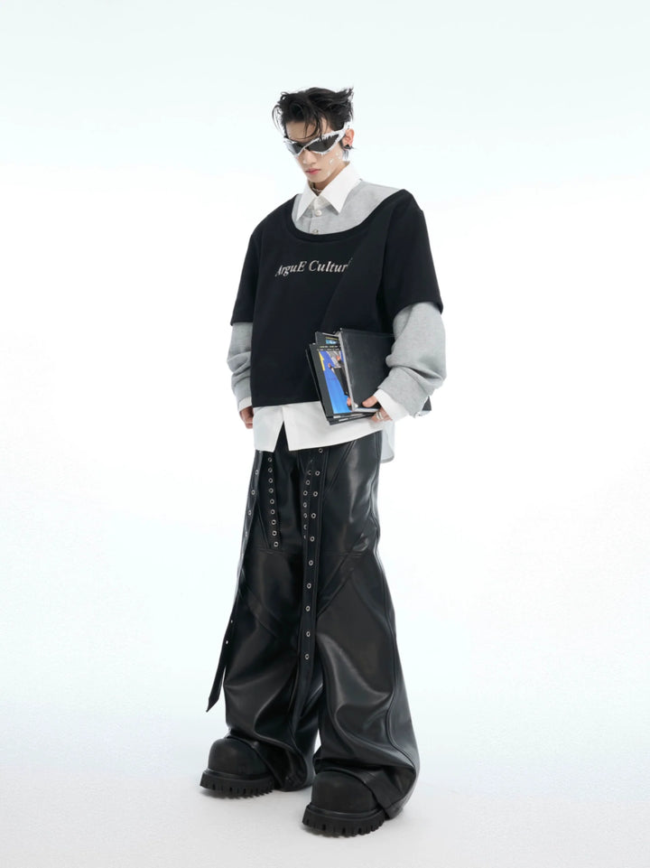 Deconstructed Punk Rivet PU Leather Wide-Leg Pants - ArgueCulture