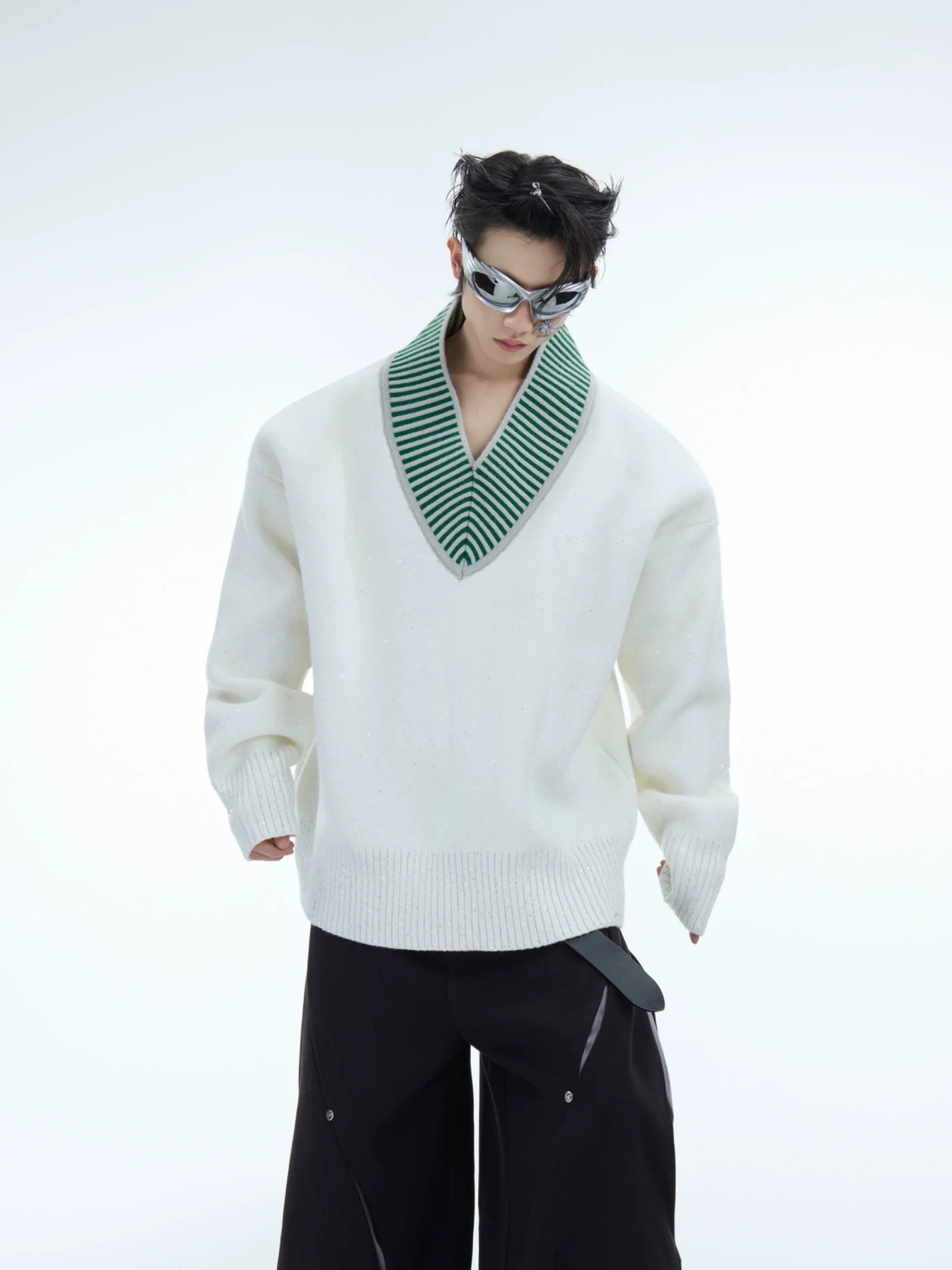 V-Neck Knit Sweater with Contrast Stitching and Leather Logo - ArgueCulture